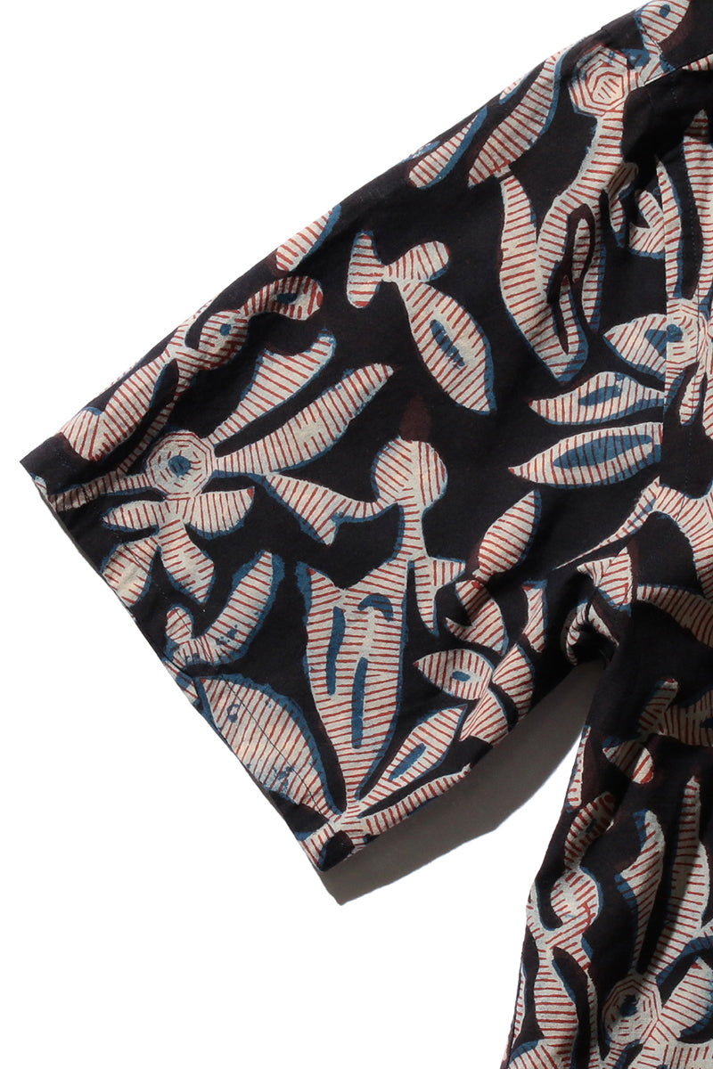 Open Collar Block Leaf Print Short Sleeve Shirt - Navy