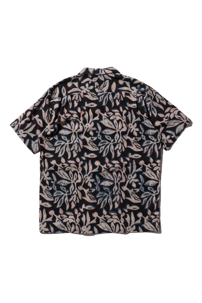 Open Collar Block Leaf Print Short Sleeve Shirt - Navy