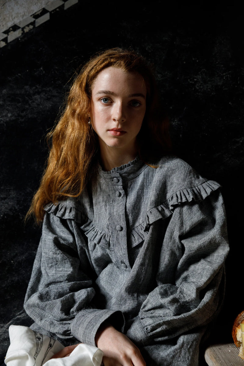 Frills Top - Charcoal Check