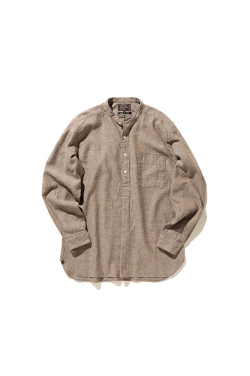 Band Collar Pullover Cotton Linen Herringbone Shirt - Brown