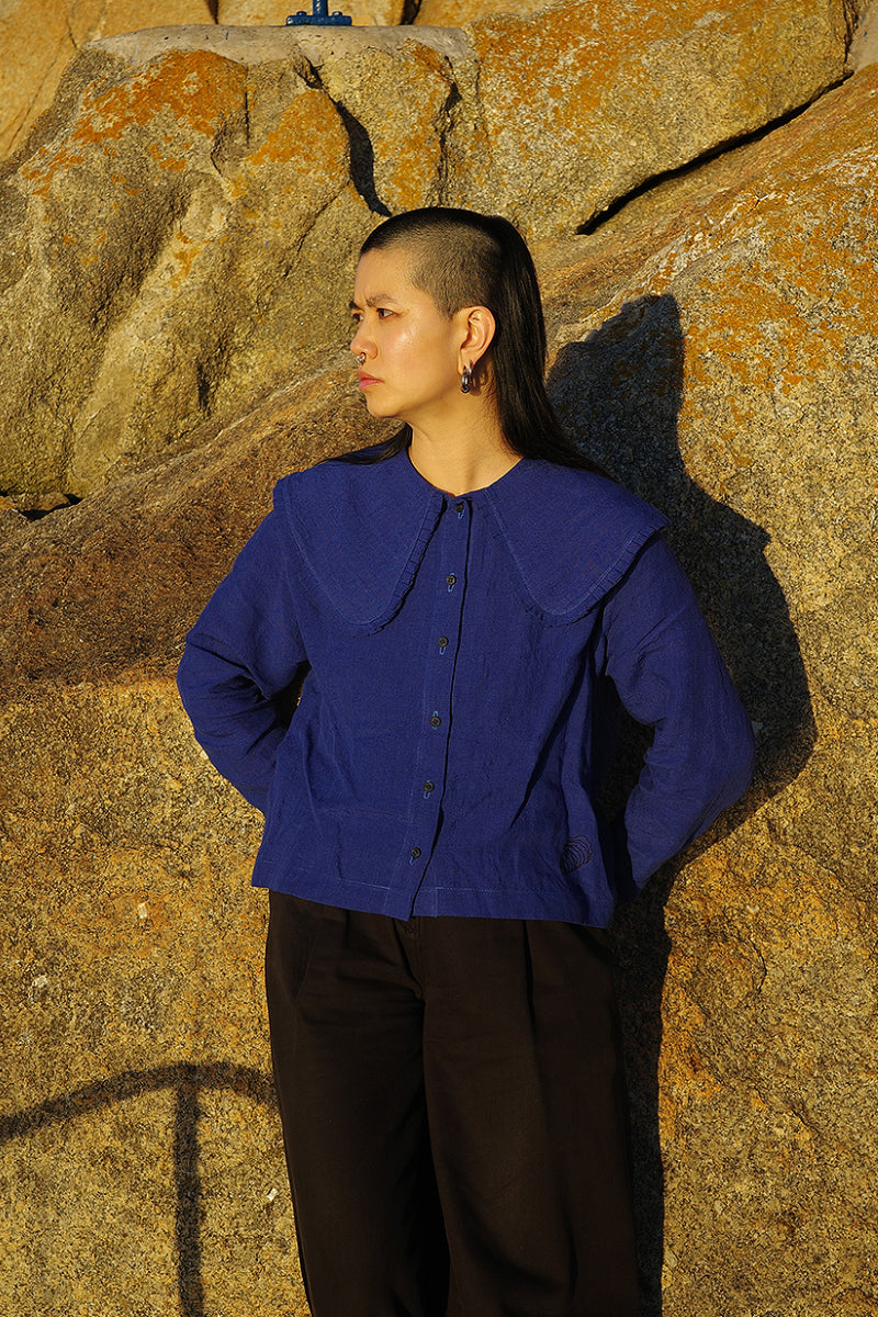 Ella Oversized Collar Top - Cobalt Blue