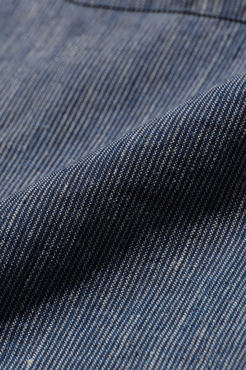 Open Collar Short Sleeve Shirt - Indigo Linen Stripe