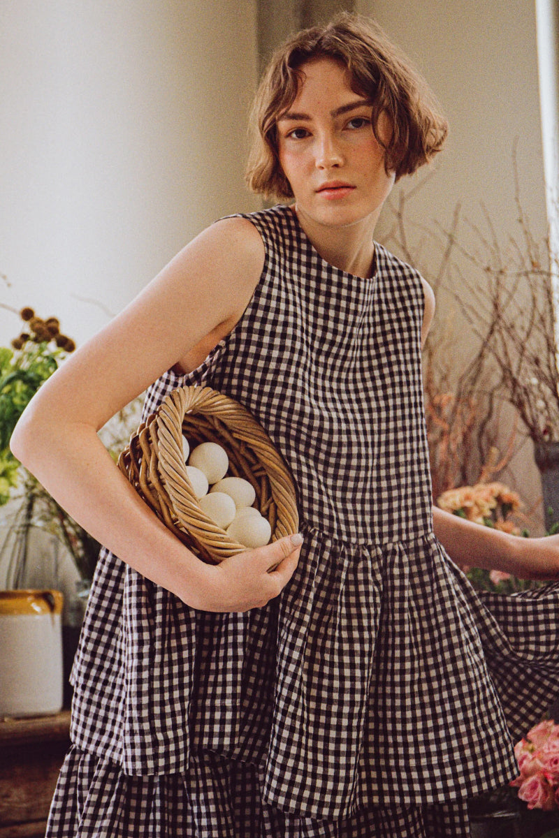 Rose Peplum Top - Black & White Gingham