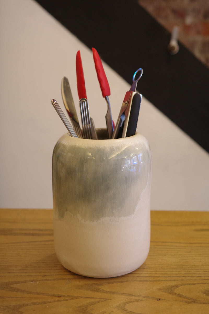 Fermoyle Pottery Utensil Holder - Satin Blue Blush Glaze On Iron Stoneware Clay