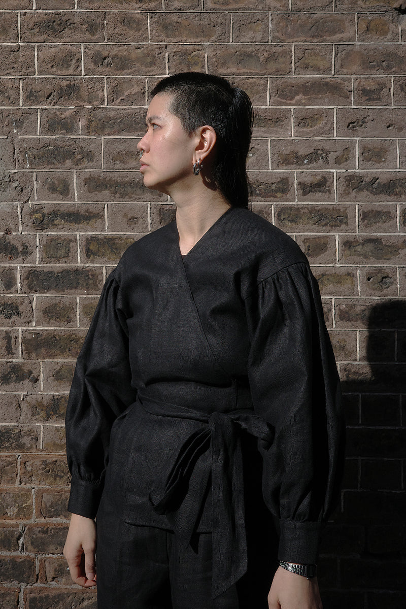 Irish Linen Wrap Top - Black