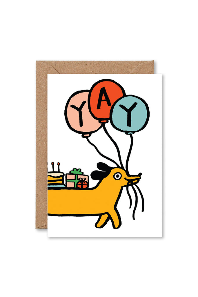 Yay Sausage Dog by Alice Bowsher - Greeting Card