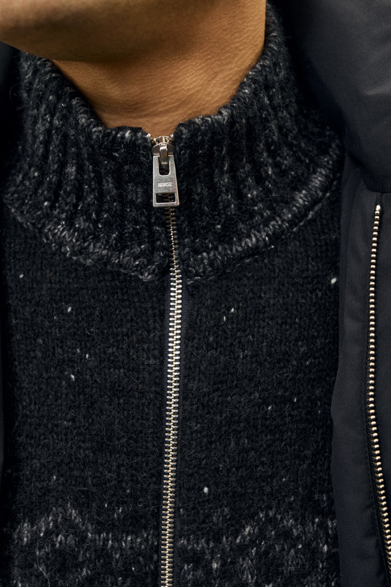 Ulf Full Zip Fairisle Cardigan - Dark Grey Melange