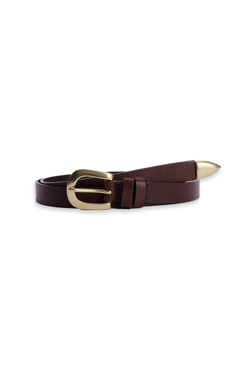 Narrow Tipped Brass 2cm Belt - Brown