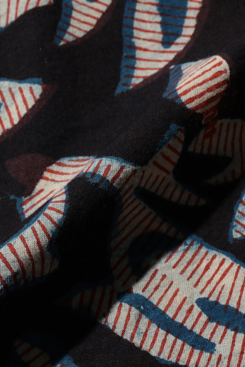 Open Collar Block Leaf Print Short Sleeve Shirt - Navy
