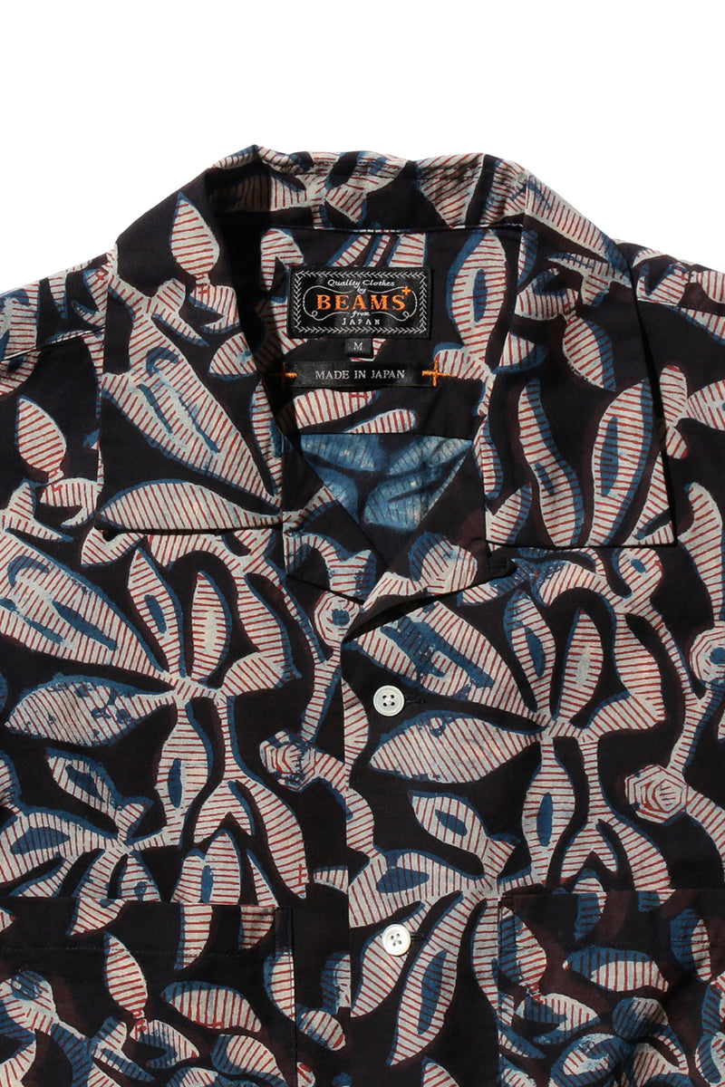 Open Collar Block Leaf Print Short Sleeve Shirt - Navy