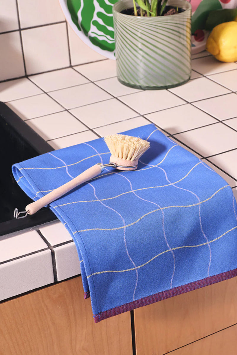 Wave Grid Cotton Tea Towel - Blue