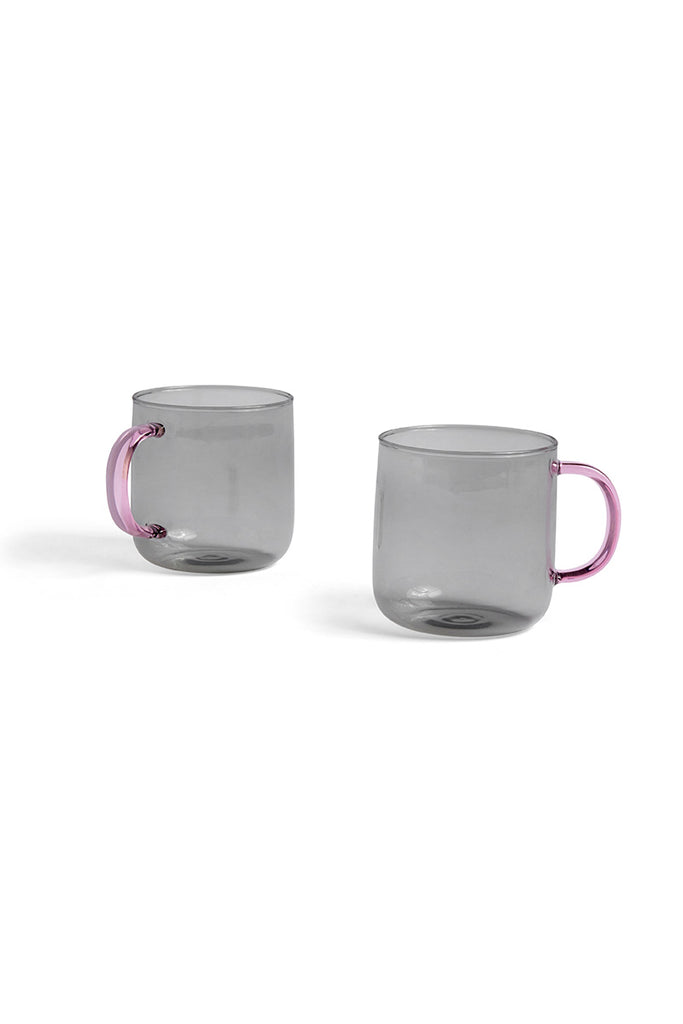 Borosilicate Mug Set of 2 - Light Grey with Pink Handle