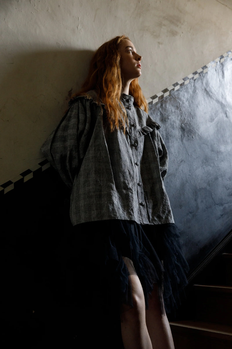 Frills Top - Charcoal Check