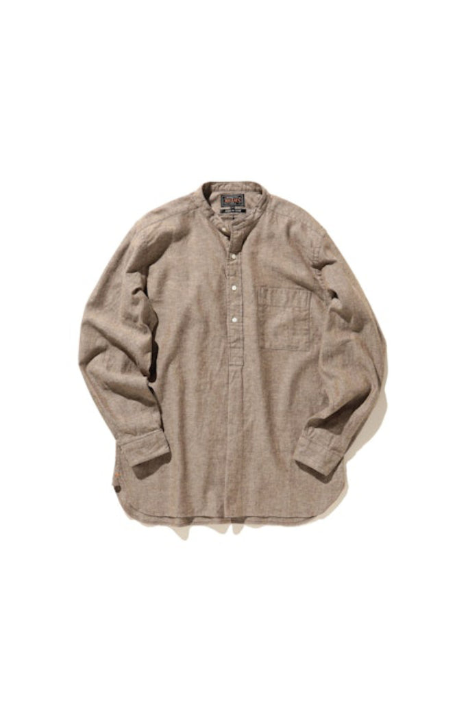 Band Collar Pullover Cotton Linen Herringbone Shirt - Brown