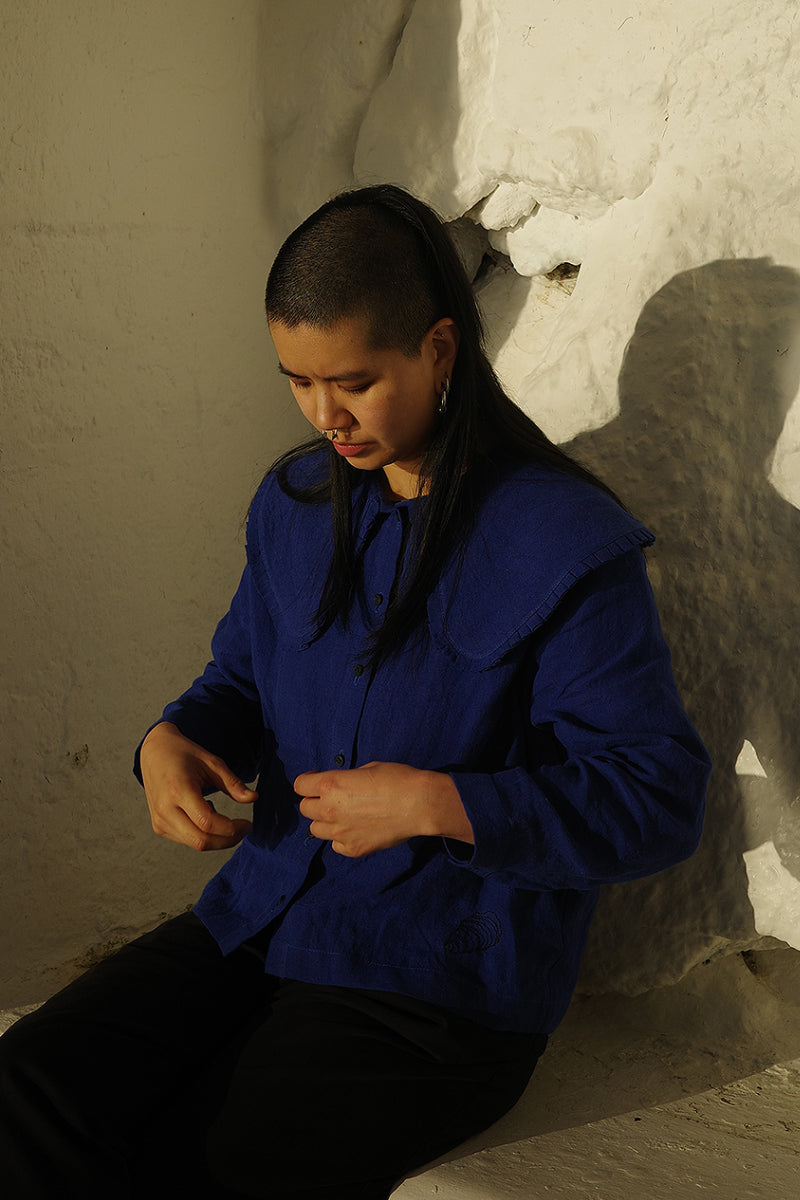 Ella Oversized Collar Top - Cobalt Blue