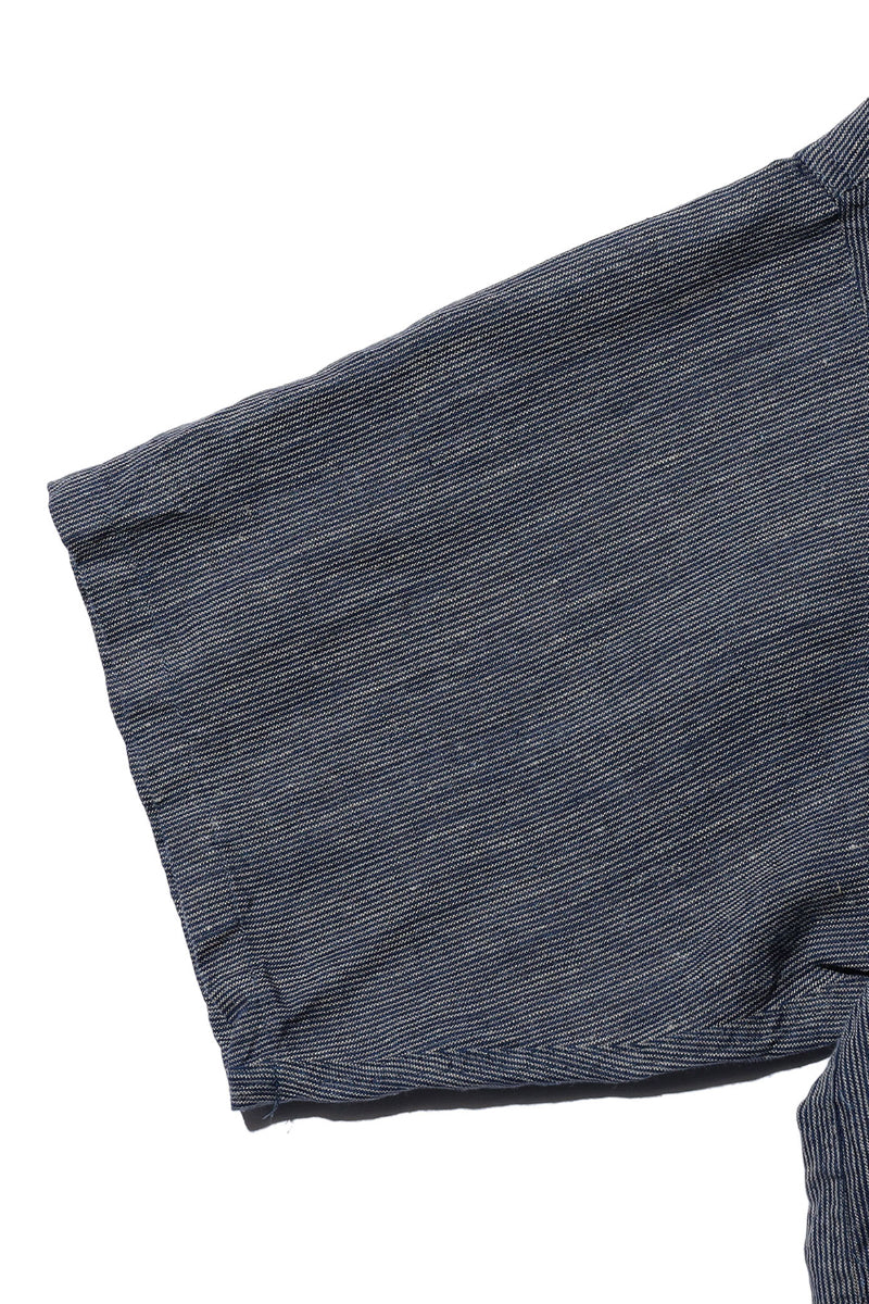 Open Collar Short Sleeve Shirt - Indigo Linen Stripe