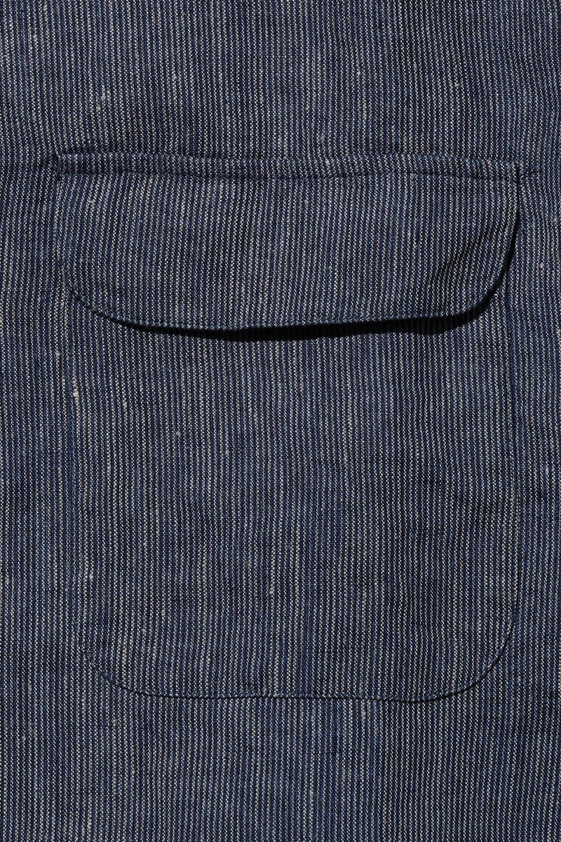 Open Collar Short Sleeve Shirt - Indigo Linen Stripe