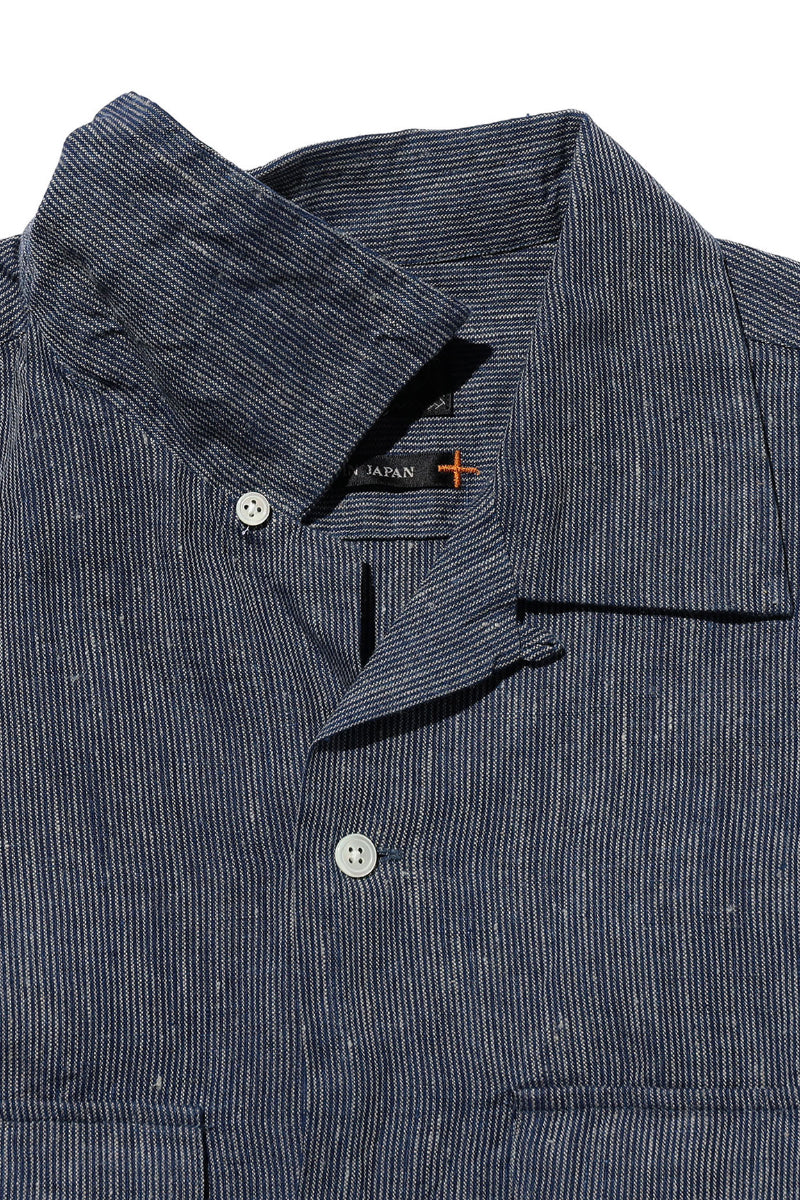 Open Collar Short Sleeve Shirt - Indigo Linen Stripe