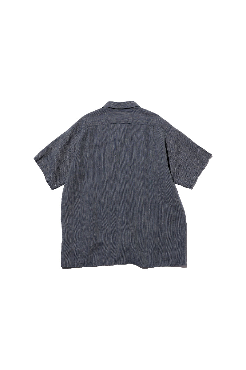 Open Collar Short Sleeve Shirt - Indigo Linen Stripe