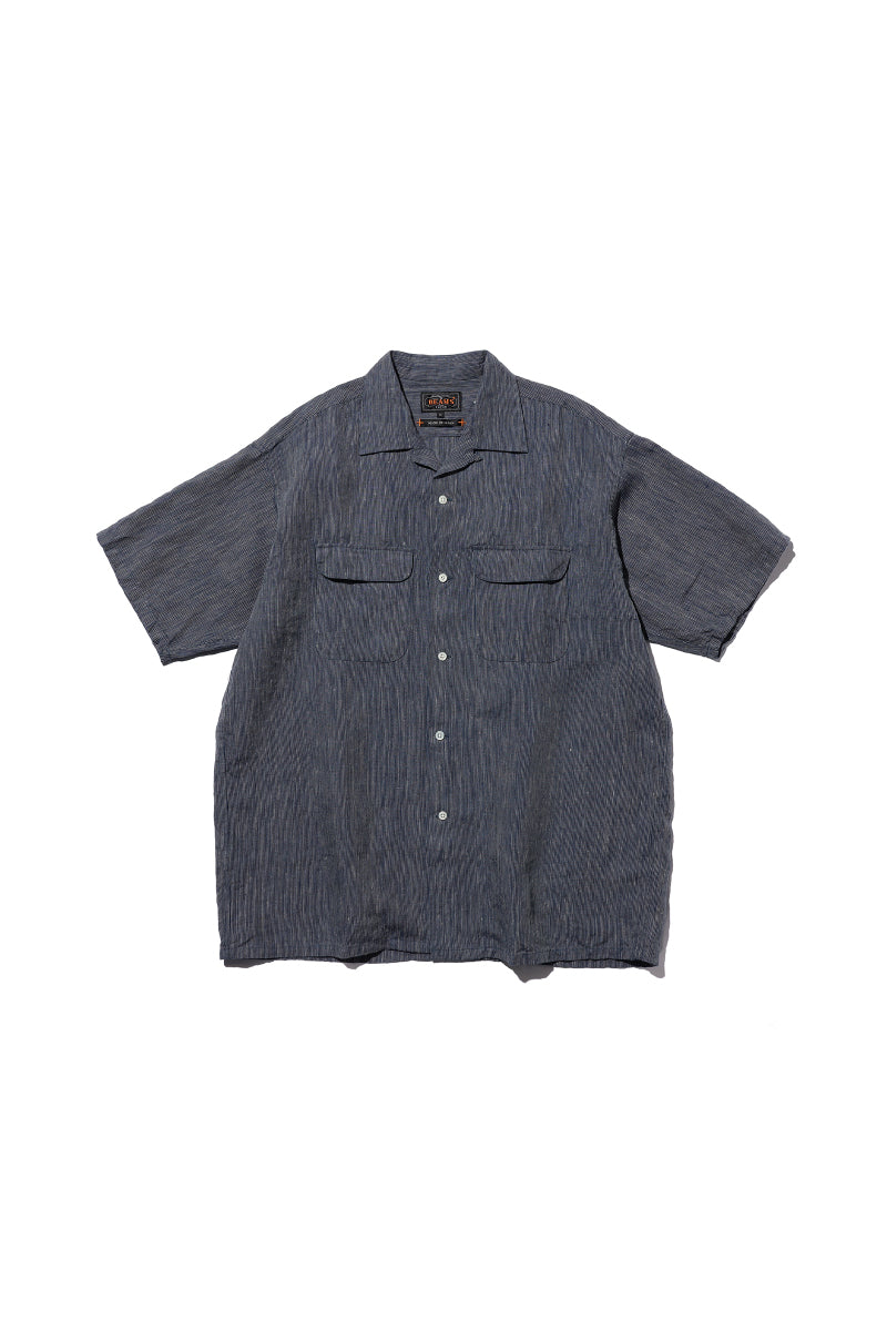 Open Collar Short Sleeve Shirt - Indigo Linen Stripe