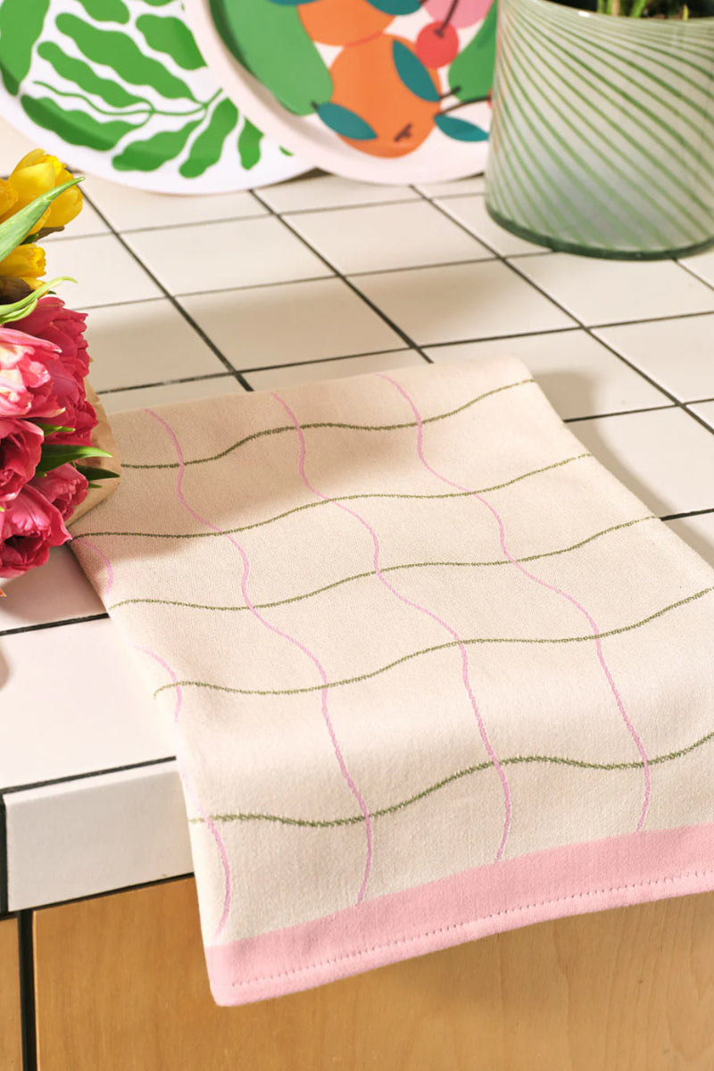Wave Grid Cotton Tea Towel - Natural