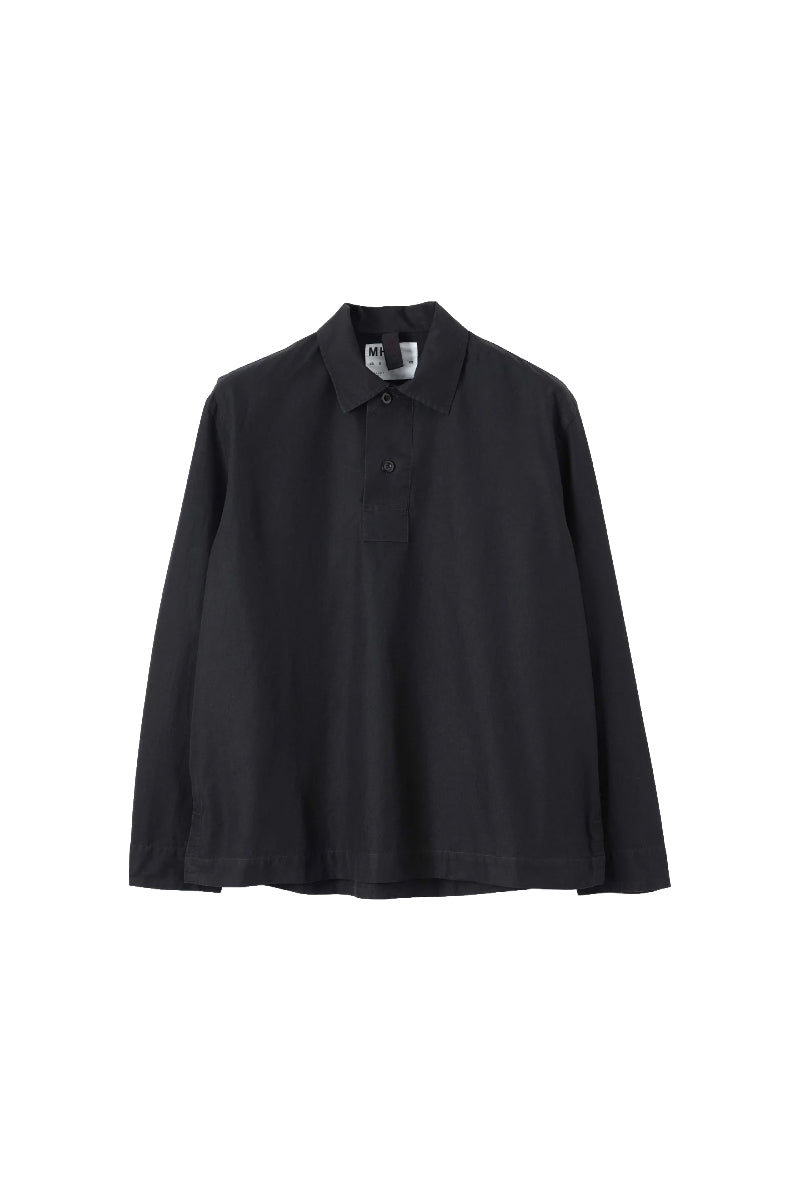 MHL. Long Sleeve Offset Placket Polo Shirt - Denim Plainweave Black