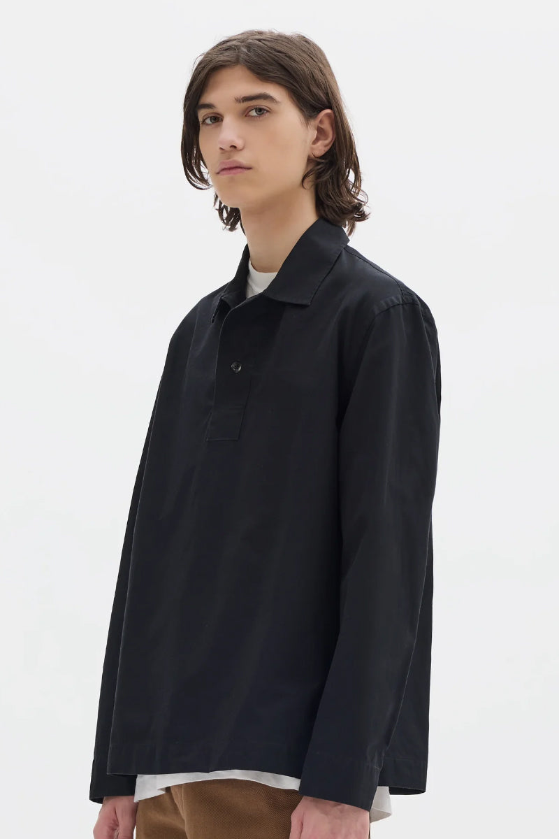 MHL. Long Sleeve Offset Placket Polo Shirt - Denim Plainweave Black