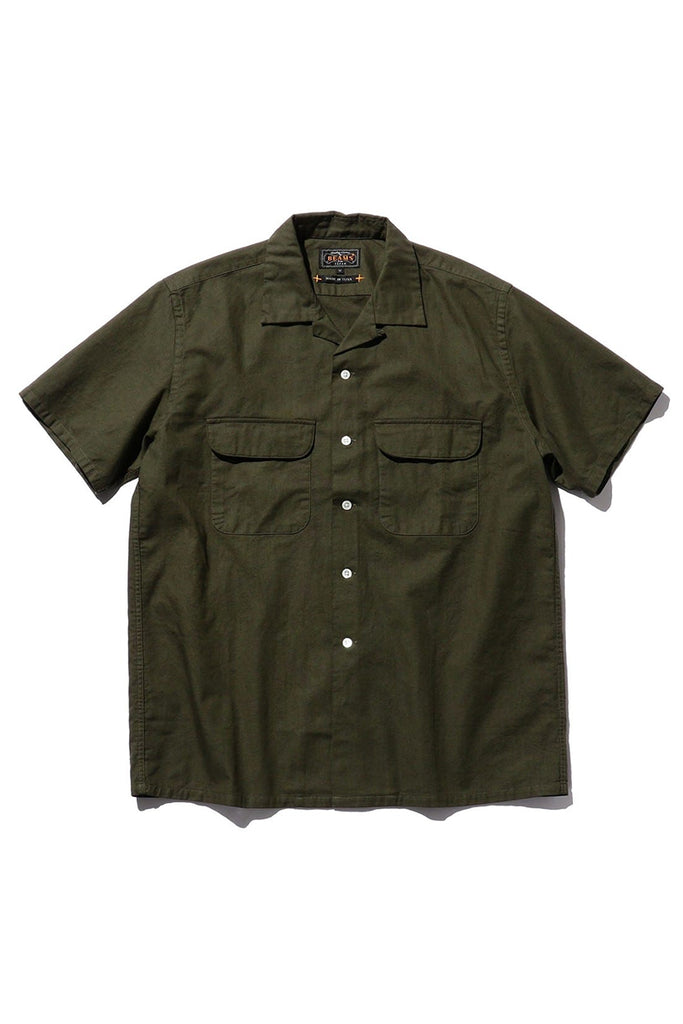 Open Collar Garment Dyed Short Sleeve Shirt - Olive