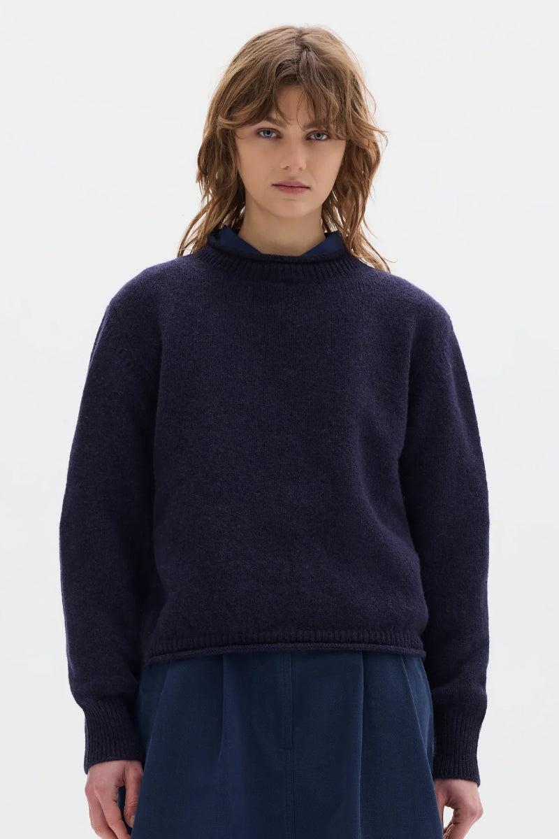 MHL. Rolled Edge Shetland Wool Jumper - Navy