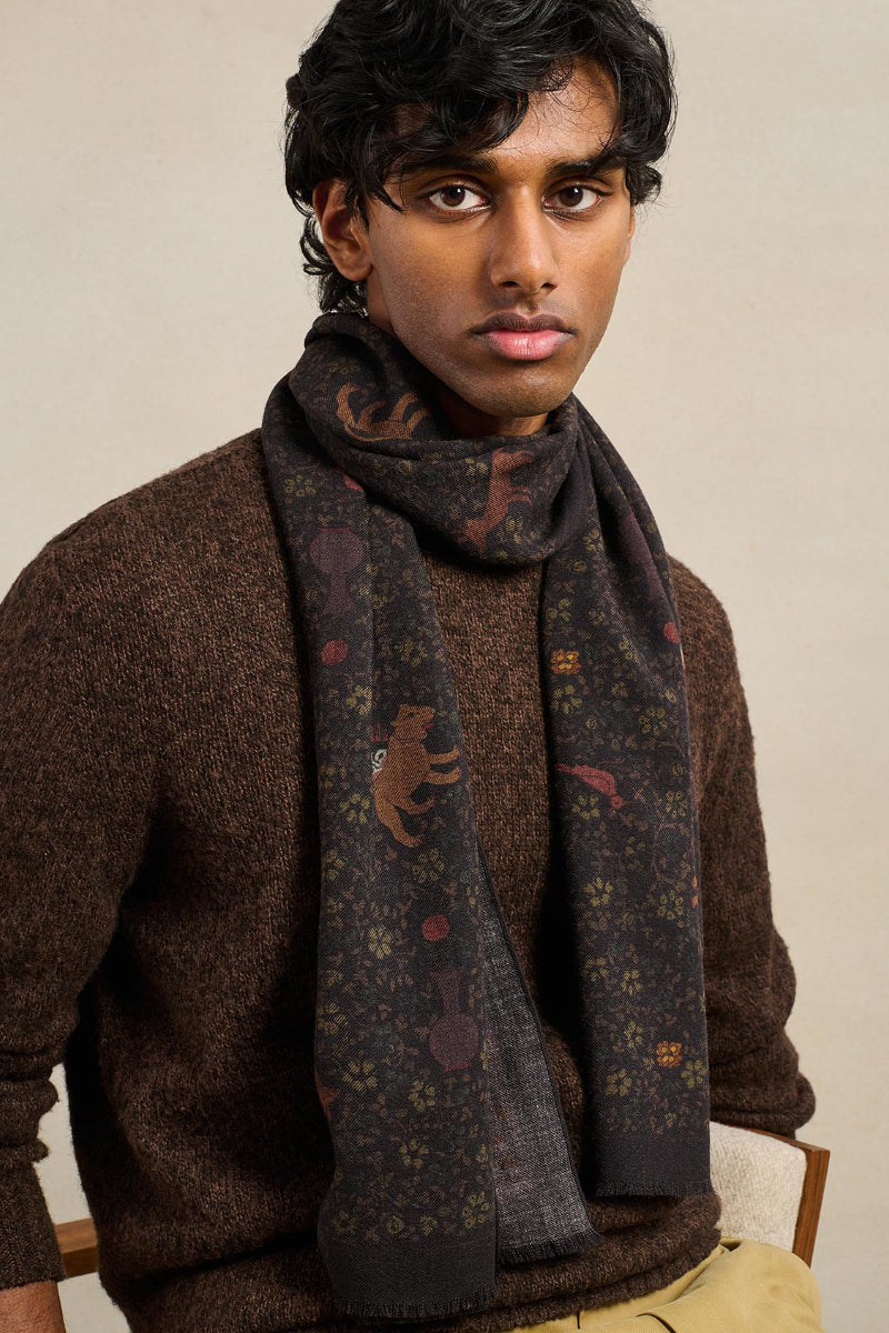 Fringe Printed Scarf - Ispahan Folk Pattern Brown