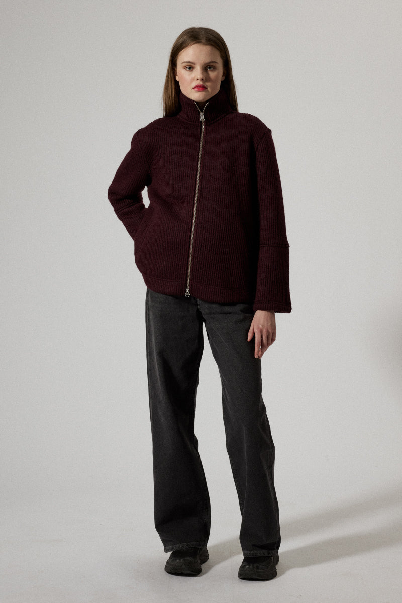 Seven Wool Knitted Zip Jacket - Burgundy