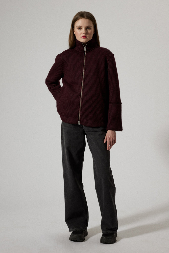 Seven Wool Knitted Zip Jacket - Burgundy