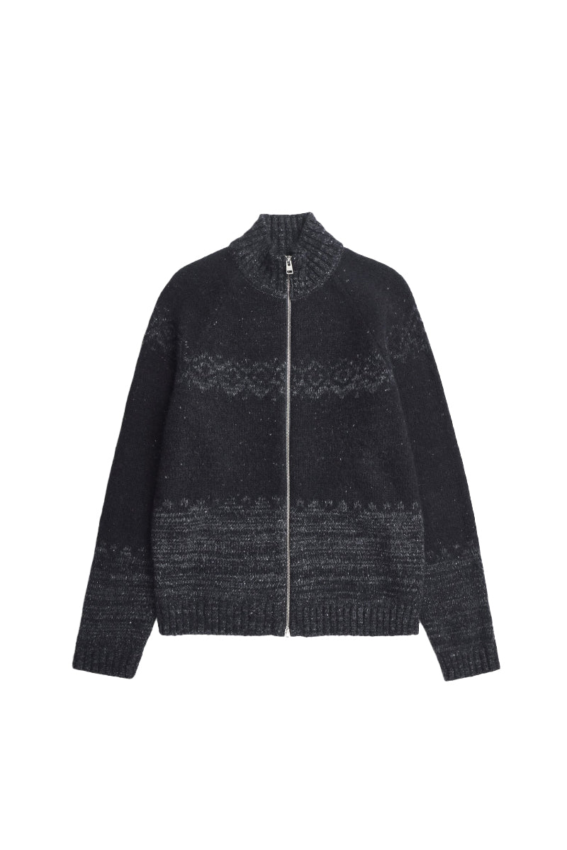 Ulf Full Zip Fairisle Cardigan - Dark Grey Melange