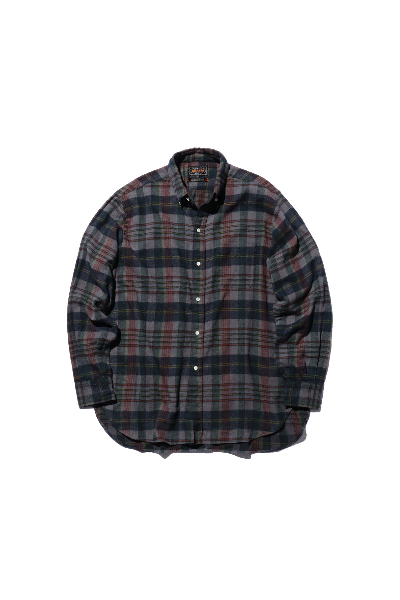 Beams Plus Button Down Wool Flannel Shirt - Charcoal/Green Check