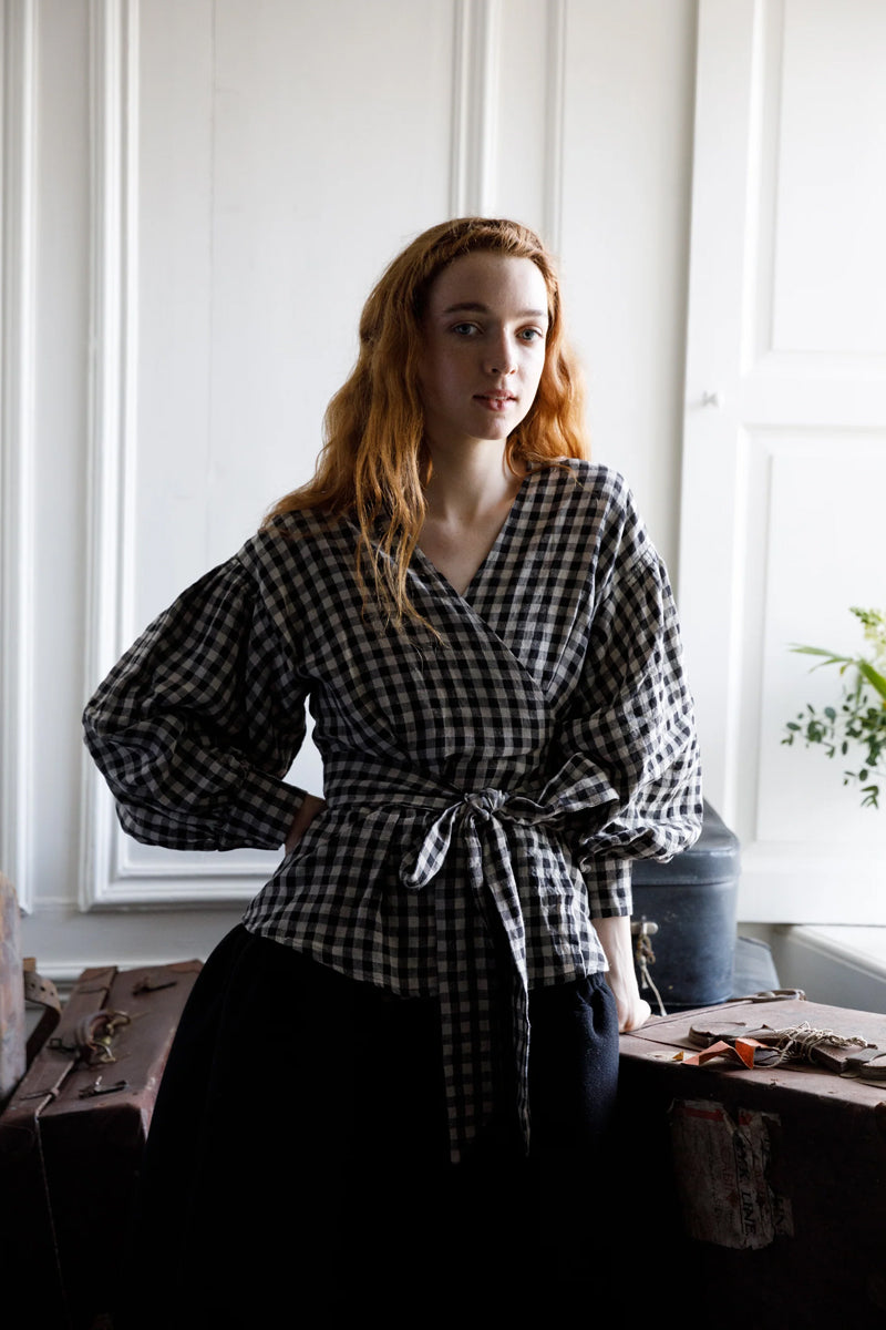 Irish Linen Wrap Top - Gingham Check