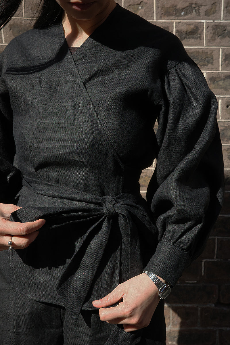 Irish Linen Wrap Top - Black