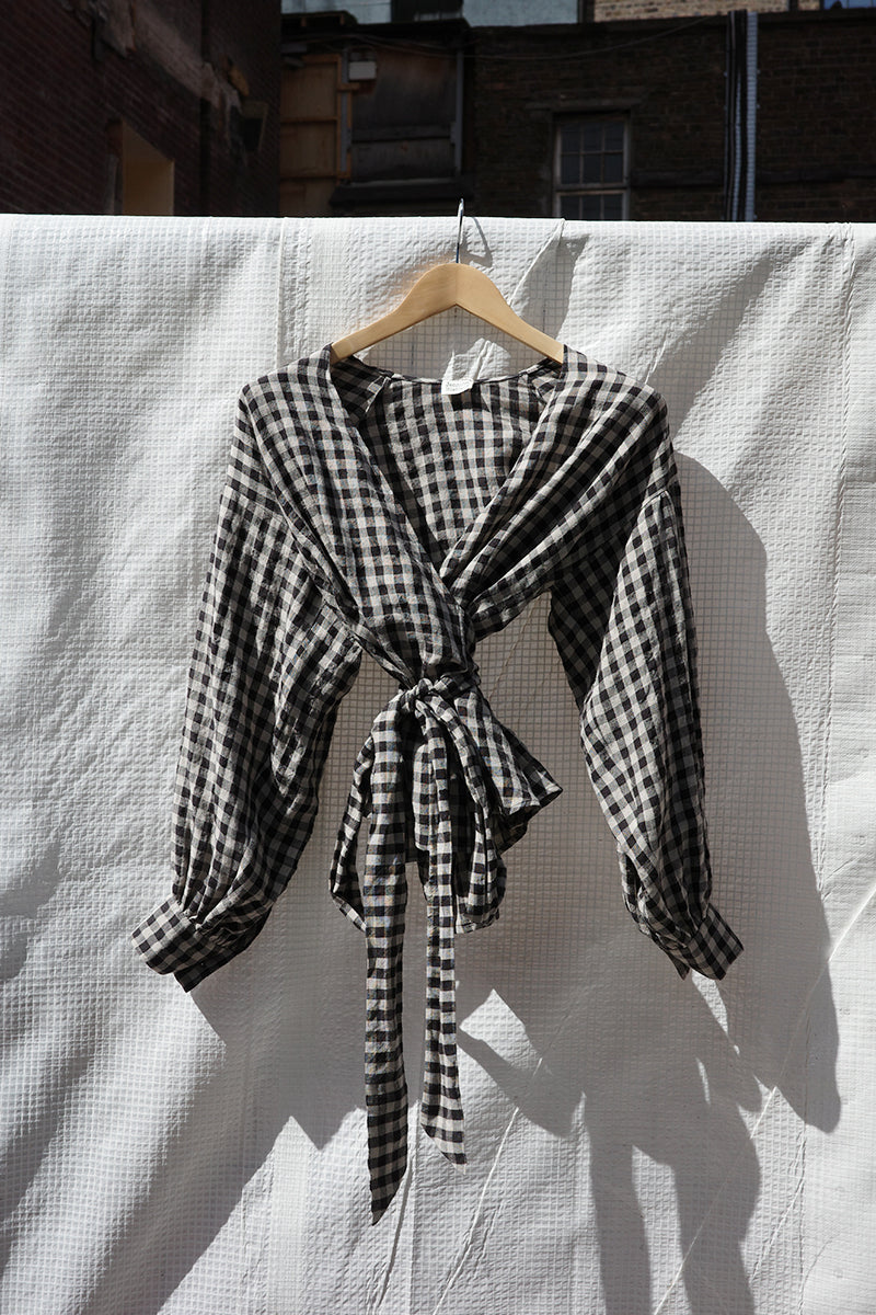 Irish Linen Wrap Top - Gingham Check