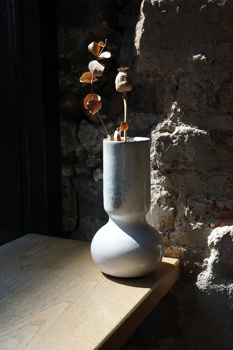 Fermoyle Pottery Bulb Vase - White Satin Blue Blush Glaze